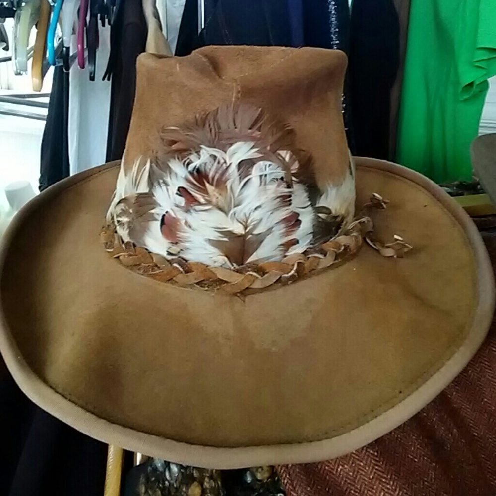 Vintage Suede Leather and feather cowboy hat